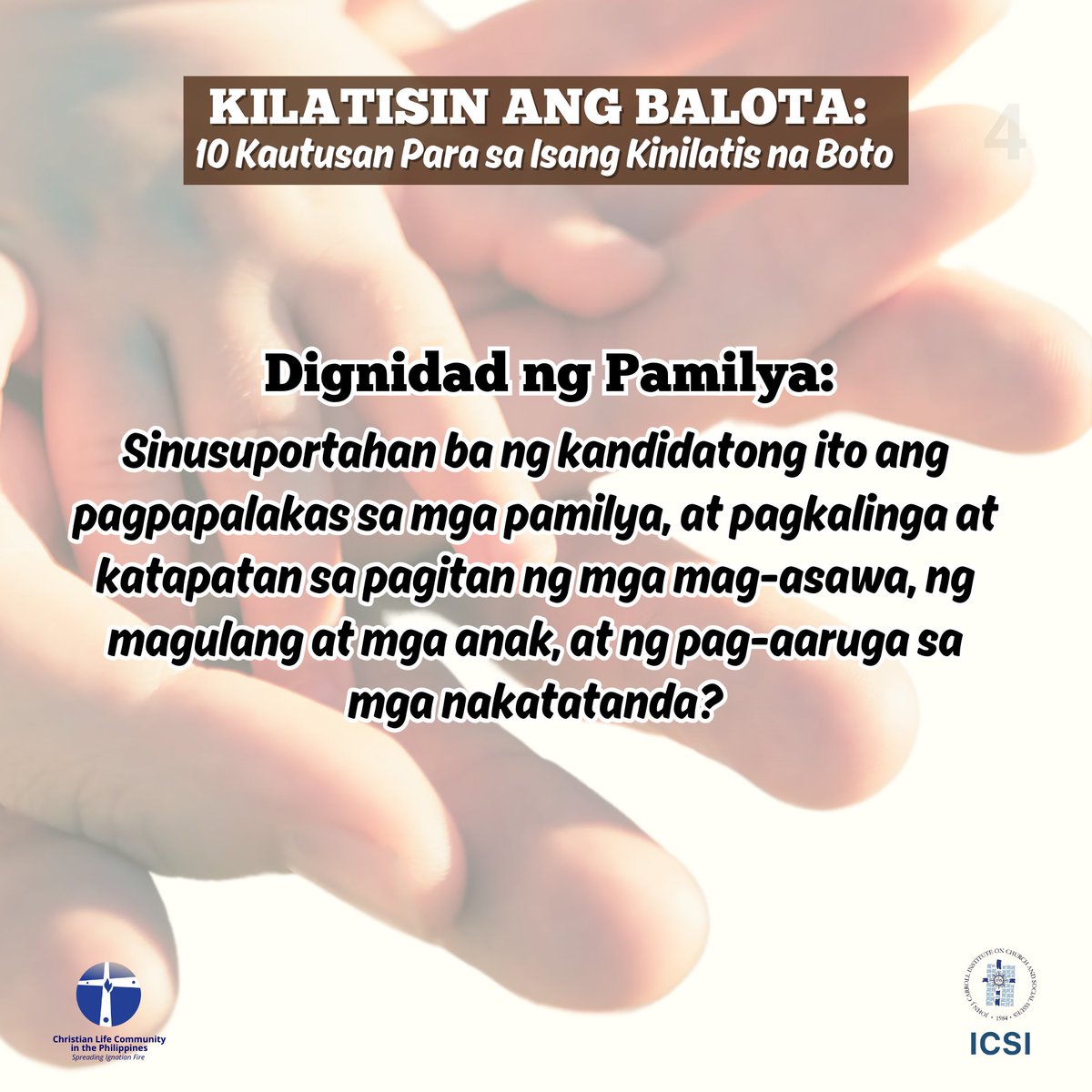 iCLCer's tweet image. 𝐏𝐚𝐦𝐢𝐥𝐲𝐚: 𝐒𝐚𝐧𝐝𝐢𝐠𝐚𝐧 𝐧𝐠 𝐈𝐬𝐚𝐧𝐠 𝐌𝐚𝐤𝐚𝐭𝐚𝐫𝐮𝐧𝐠𝐚𝐧 𝐚𝐭 𝐌𝐚𝐩𝐚𝐠𝐦𝐚𝐡𝐚𝐥 𝐧𝐚 𝐋𝐢𝐩𝐮𝐧𝐚𝐧
"Igalang mo ang iyong ama at ina." (Exodo 20:12)

📷 𝐌𝐨𝐝𝐮𝐥𝐞𝐬:
bit.ly/DiscernTheBall…
📷 𝐂𝐚𝐦𝐩𝐚𝐢𝐠𝐧 𝐌𝐚𝐭𝐞𝐫𝐢𝐚𝐥𝐬:
bit.ly/DiscerningTheB…