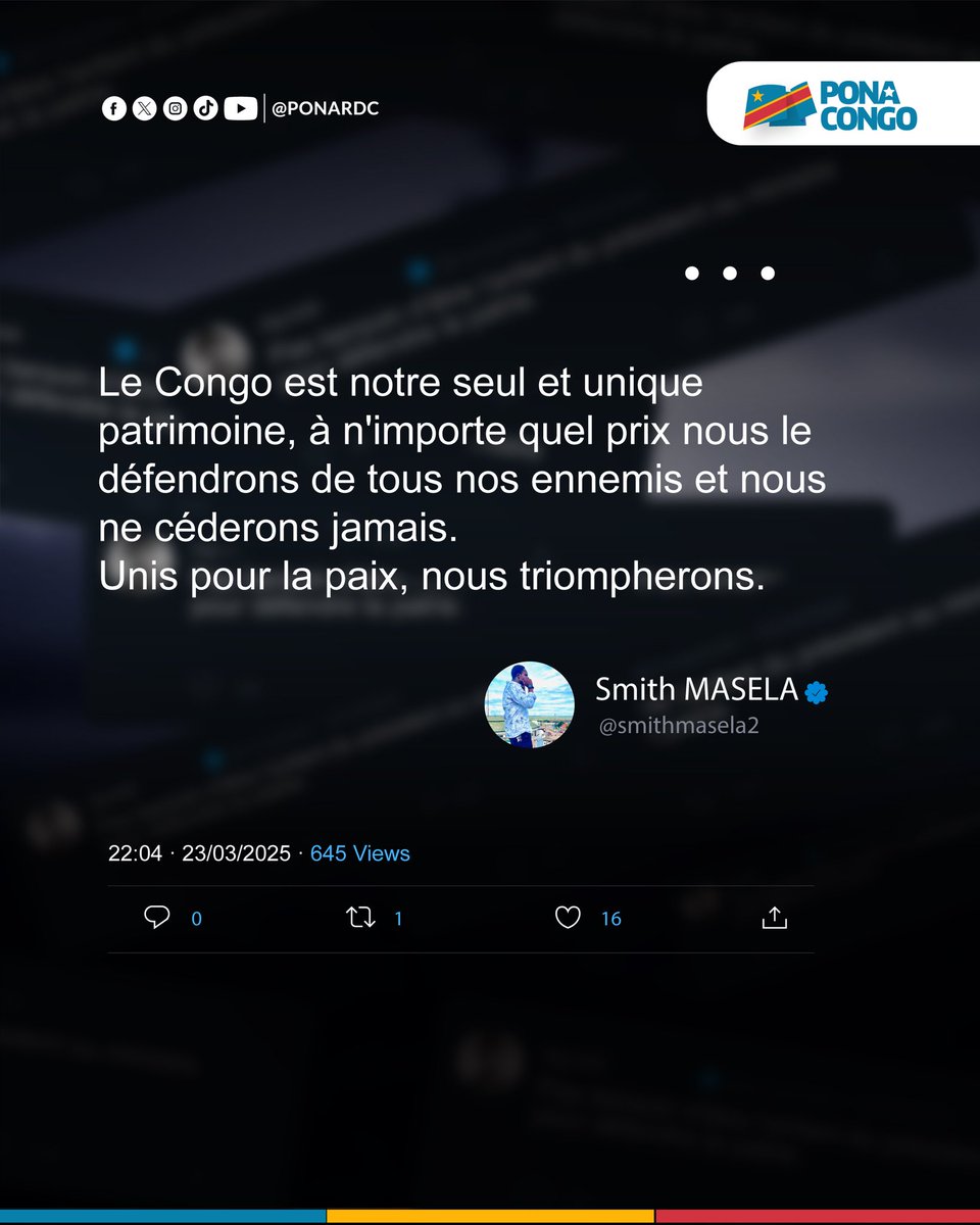 Pona Congo (@ponardc) on Twitter photo Chers compatriotes,
Désormais nous ferons le tour de la toile pour dénicher vos messages patriotiques, les meilleurs d'entre eux seront repostés sur notre page et leurs auteurs suivis !
Pour plus de visibilité poster avec le hashtag #PonaCongo 💙💛❤️
Merci <a href="/smithmasela2/">Smith MASELA</a> 🙏🏾🇨🇩 Chers compatriotes,
Désormais nous ferons le tour de la toile pour dénicher vos messages patriotiques, les meilleurs d'entre eux seront repostés sur notre page et leurs auteurs suivis !
Pour plus de visibilité poster avec le hashtag #PonaCongo 💙💛❤️
Merci <a href="/smithmasela2/">Smith MASELA</a> 🙏🏾🇨🇩