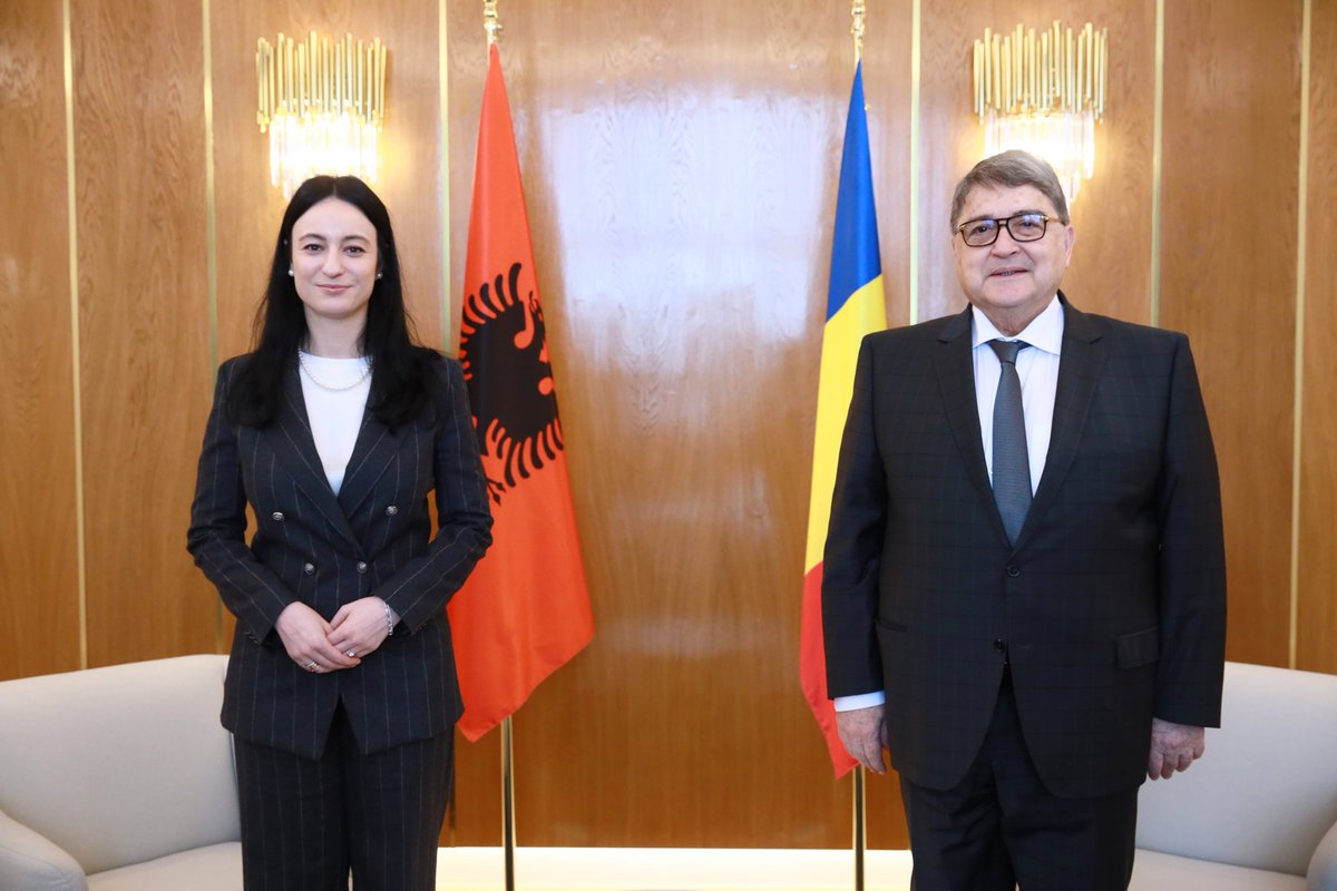 MAERomania's tweet photo. 🇷🇴Minister of Foreign Affairs Emil Hurezeanu received today 🇦🇱Deputy Minister for Europe&Foreign Affairs Megi Fino @MegiFi, who is visiting Bucharest for political consultations. Minister Hurezeanu conveyed RO’s firm interest to intensify the RO-AL relations in bilateral & multilateral context and stated RO’s continued strong support for Albania’s🇪🇺 integration.