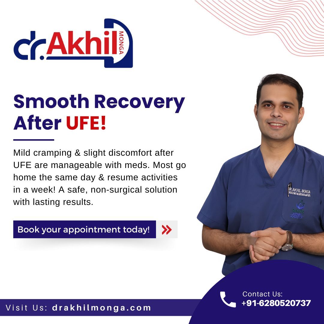 Smooth recovery with minimal discomfort! Mild cramping after UFE is manageable with meds, and most resume activities in a week. A safe, non-surgical solution with lasting results! Book now! 🌐 Visit: drakhilmonga.com 📞 Call: +91-6280520737 

#UFERecovery #FibroidTreatment