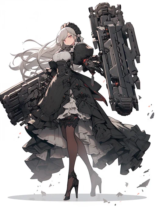 バトラー型シンカロン(Think alone, 汎用人型アンドロイド)炸薬式対物射出拳 ドアチャイムA-004腕部ユニットを丸ごと巨大な拳で置き換える特殊兵装.炸薬可動式の超高速パンチがあらゆる障害を粉砕する.諸々の法規制を掻い潜るため,書類上は「特殊介護用品」として扱われた#晴天アポカリプス 