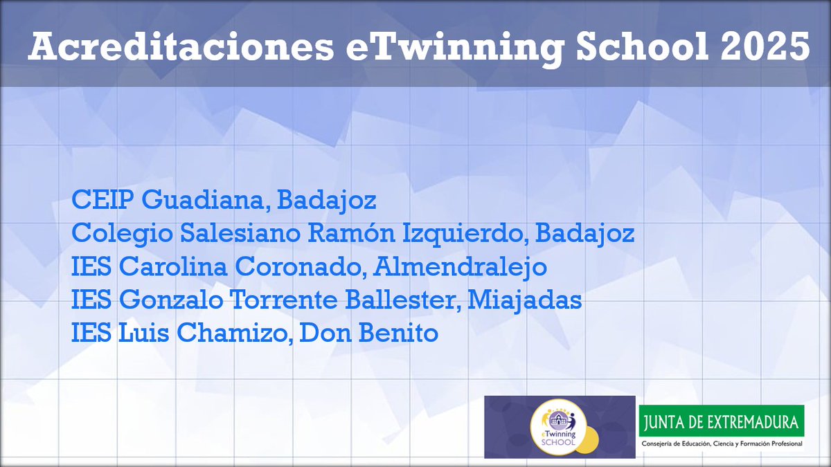 🥂Enhorabuena a 5 centros de <a href="/Junta_Ex/">Junta de Extremadura</a> <a href="/educacionEXT/">Educación, Ciencia y Formación Profesional</a> por el reconocimiento como #eTwinningschool <a href="/eTwinning_es/">eTwinning España</a> @eTwinnigEurope. Felicidades 👏👏