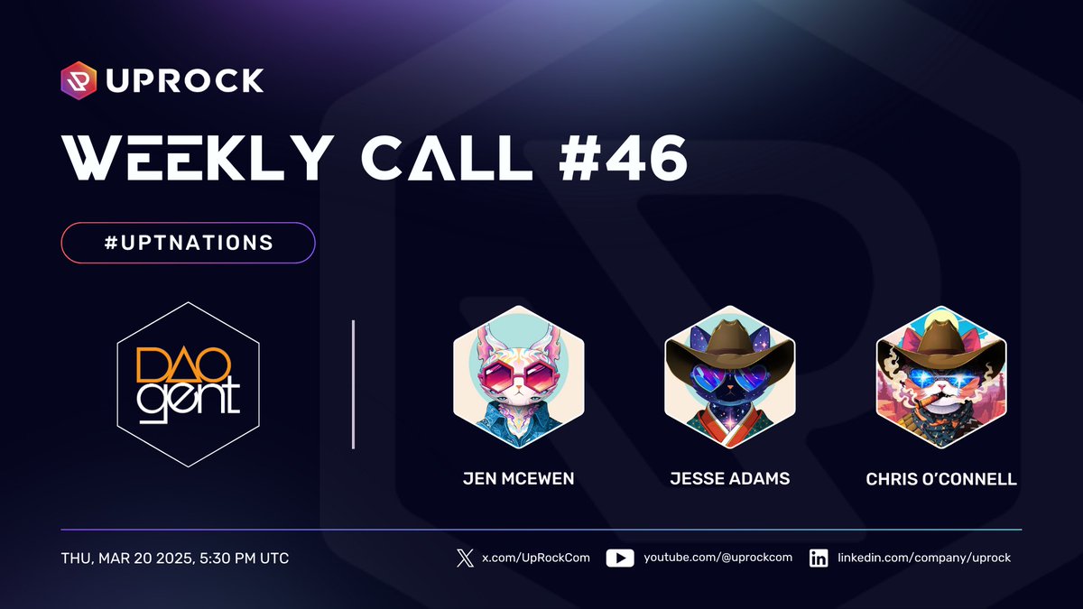 UpRock (@uprockcom) on Twitter photo 🔴 UpRock Weekly Calls #46 – #UPTnations
This week’s livestream is packed — don’t miss it!
• Grant Winner Spotlight
Meet the founders of <a href="/DAOgent/">DAOgent.ai</a>, the first project awarded from our $100K DePIN Catalyst Grant Program.
They’re bringing AI-powered governance insights to Rocket! 🔴 UpRock Weekly Calls #46 – #UPTnations
This week’s livestream is packed — don’t miss it!
• Grant Winner Spotlight
Meet the founders of <a href="/DAOgent/">DAOgent.ai</a>, the first project awarded from our $100K DePIN Catalyst Grant Program.
They’re bringing AI-powered governance insights to Rocket!
