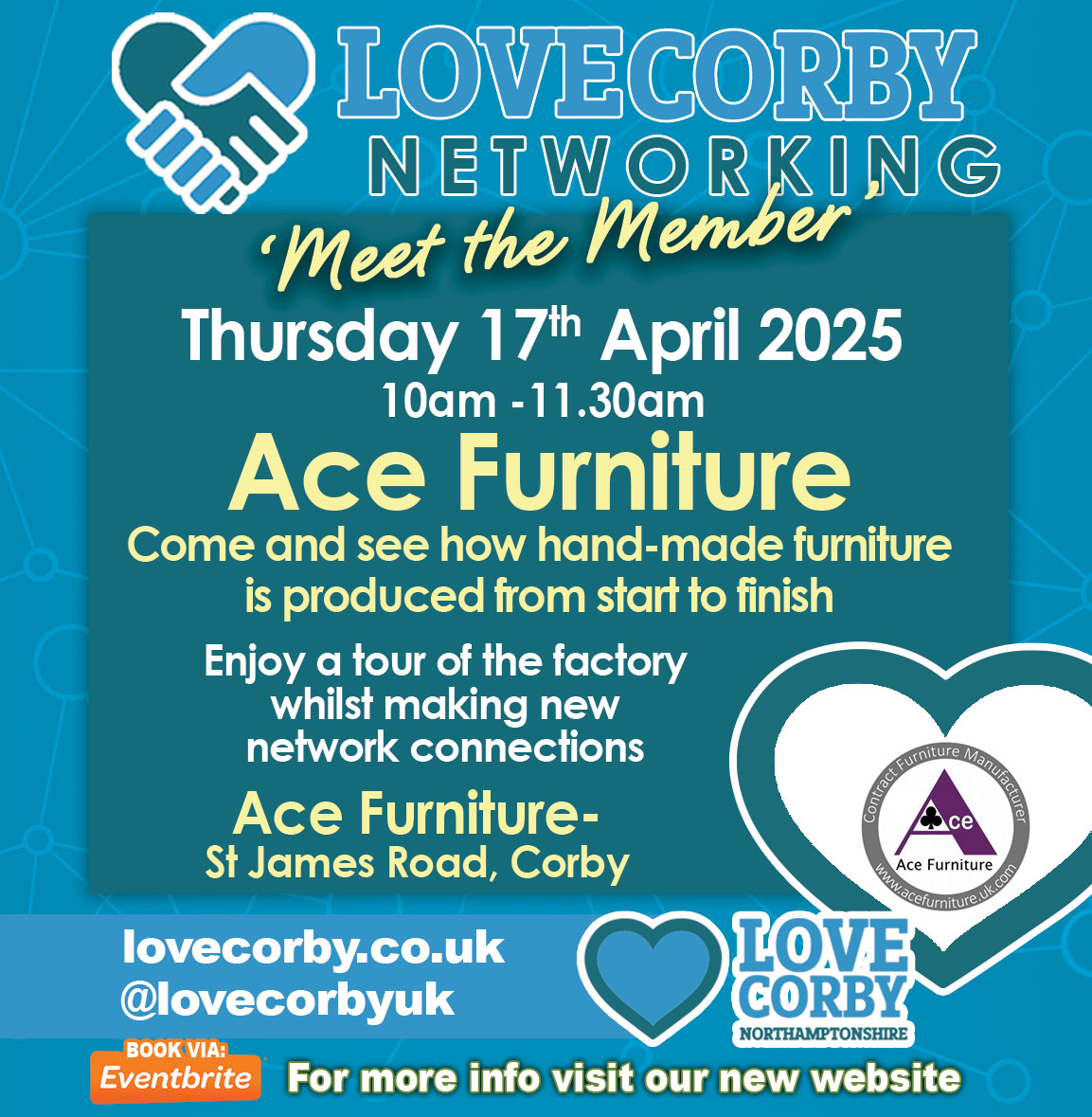 🌟Love Corby Network Meeting–Meet the Member!🌟

Join us for our next Love Corby Network Meeting on 17th April at Ace Furniture!

📍 Location: Ace Furniture, St Marks Road, Corby
⏰ Time: 10am - 11.30am

lovecorby.co.uk/love-corby-net…

#LoveCorby #Networking #MeetTheMember #AceFurniture