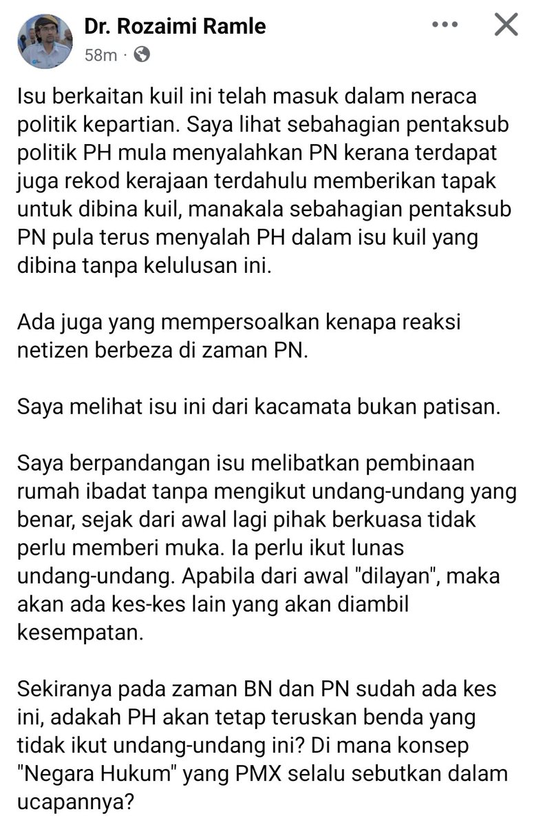 ZacZakirin13's tweet image. Aku sokong dan setuju dgn penulisan terbaru Dr RORA dlm isu kuil. Jgn kita berbalah kerana perbezaan politik, tp isu ni tetap "menguntungkan" pihak yg duduk secara haram.

Btw, korang perasan tak, Menteri Agama kita, bila isu² besar agama mcm ni, dia akan hilang dari radar? 👀