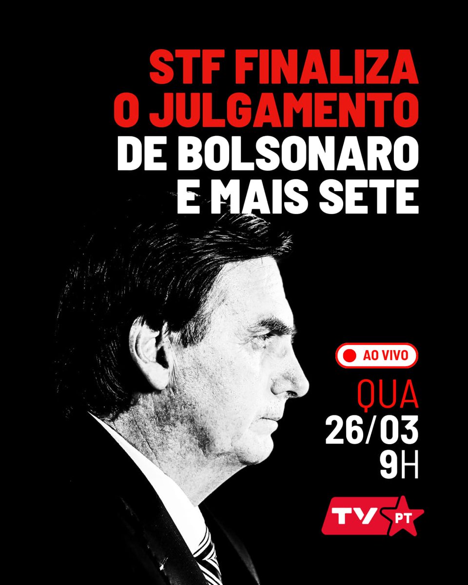 HOJE! Logo mais às 9h, seguiremos ao vivo pela TvPT com a transmissão do julgamento no STF de Bolsonaro e demais acusados de comandar a tentativa de Golpe de Estado em 8 de janeiro de 2023.

Acesse pelo nosso canal:
youtube.com/@ptbrasil

#SemAnistia #BolsonaroPreso