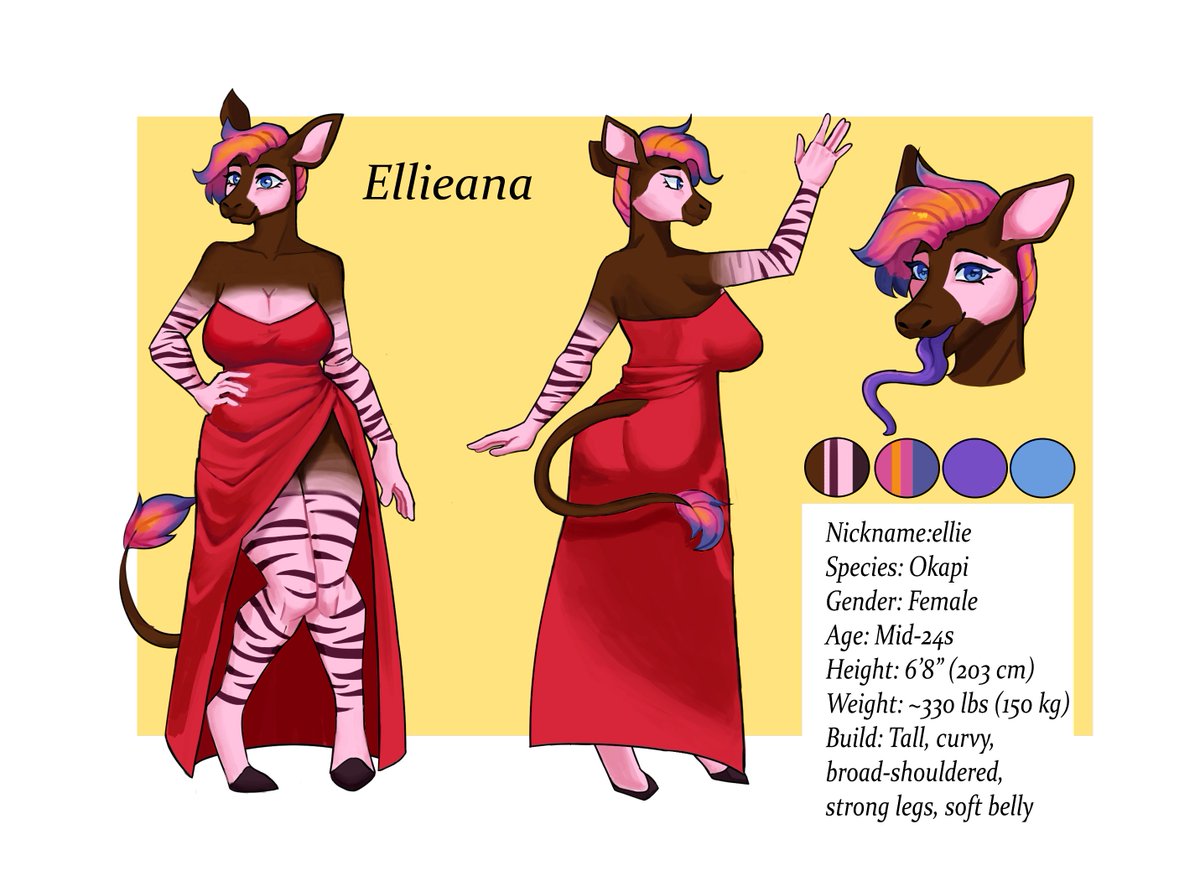 Ref sheet coms! 
Commission and own by yoko seabreeze
______ 
I really enjoyed rendering the long dress, it make her look pretty❤ 
______ 
#furryart #antro #commissionopen #furry #okapi #refsheet #illustration #furryartwork