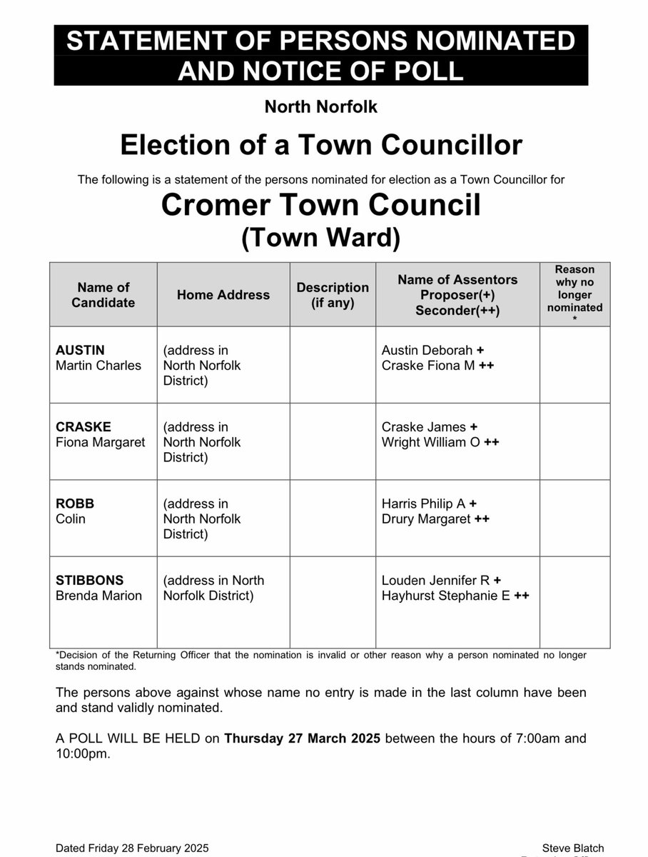 Please be reminded that there are elections in Cromer on 27 March.  Please remember to take ID and attend your usual polling station.  The polling stations will be open from 07:00 to 22:00.