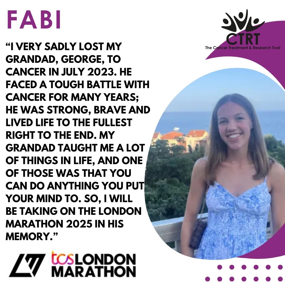 The Cancer Treatment and Research Trust (@ctrtrust) on Twitter photo Here is the fabulous Fabi Bartella who will be running the 2025 <a href="/LondonMarathon/">TCS London Marathon</a> as part of team CTRT this month raising money for our cancer research!
To help Fabi reach her fundraising goal please visit her page here: 2025tcslondonmarathon.enthuse.com/pf/fabi-bartel… Here is the fabulous Fabi Bartella who will be running the 2025 <a href="/LondonMarathon/">TCS London Marathon</a> as part of team CTRT this month raising money for our cancer research!
To help Fabi reach her fundraising goal please visit her page here: 2025tcslondonmarathon.enthuse.com/pf/fabi-bartel…