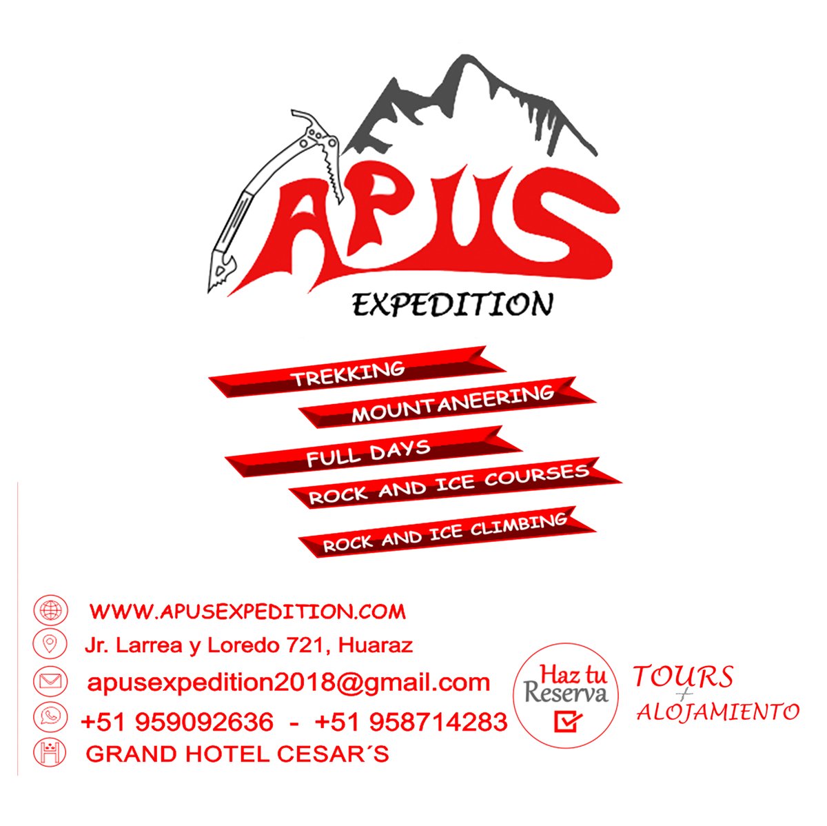 SantaCruzMap's tweet image. #𝐏𝐮𝐛𝐥𝐢𝐜𝐢𝐝𝐚𝐝
APUS EXPEDITION
apusexpedition.com
Trekking | Mountaneering | Full Days | Rock and Ice Courses | Climbing | Huaraz | Perú