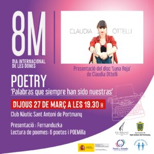 IbizaClick's tweet photo. El Club Nàutic de Sant Antoni acoge Poetry, una de las últimas actividades por el 8-M, recital de poesía con 6 poetas, POEMilla y actuación de Claudia Otelli.

https://t.co/vIdzfGGZzY

#agendaibiza #8M #POEMilla #Poetry https://t.co/vKbaDqgs9Q