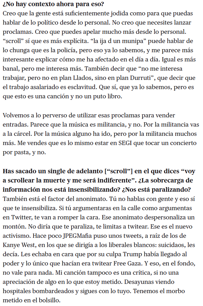 Gran entrevista con Kiliki Frexko (<a href="/pffffajjaj/">kiliki freXko AKA putasemerik semeena🤤🤤</a>) de <a href="/InigoB_D/">Iñigo Basaguren-Duarte</a> en Hordago sobre el proceso creativo detrás de 'Iltze 1'.

Y esto sobre el tema "scroll'':

«Si tú argumentaras en la calle como argumentas en Twitter, te van a romper la cara»
elsaltodiario.com/musica/kiliki-…