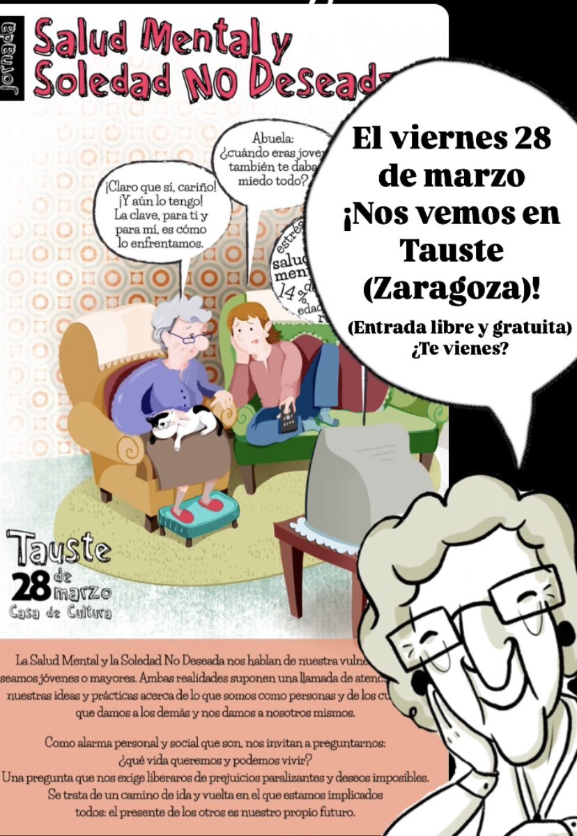 ¡Dominguers!
Este viernes, día 28, estaré en Tauste (Zaragoza). 

🎨Y haré un abordaje gráfico hablando de la soledad (elegida y no deseada) en mayores y jóvenes y de su relación con la salud mental + pequeña expo de viñetas.

👉🏼¡Entrada gratuita y comienza a las 10h!
¿Te vienes?