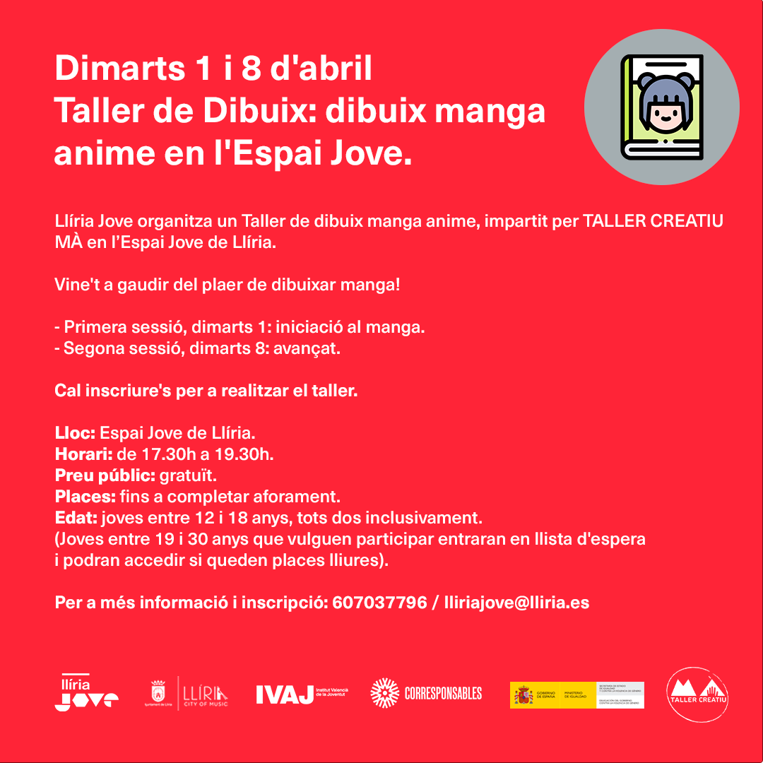 aytolliria's tweet photo. 🖍 Llíria Jove ha organitzat un taller de dibuix manga anime, que es farà a l’Espai Jove en dos sessions, els dies 1 i 8 d'abril. Cal inscripció prèvia 👉  https://t.co/RWyvseS7KJ https://t.co/jwi9o1IP69