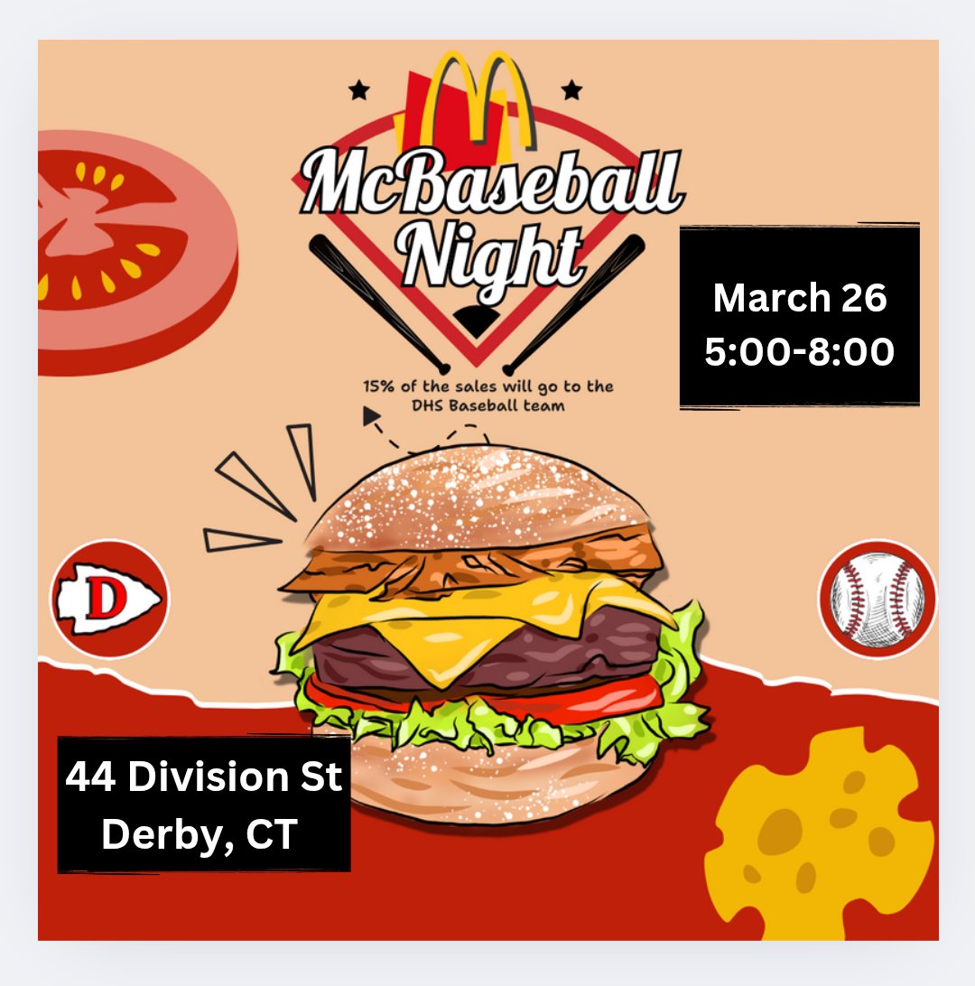 Tonight is the night! Take a break from cooking and come on down to the Division Street McDonald's for McBaseball Night! A portion of the proceeds will support the DHS baseball team. Thanks for your support! We look forward to seeing you there!