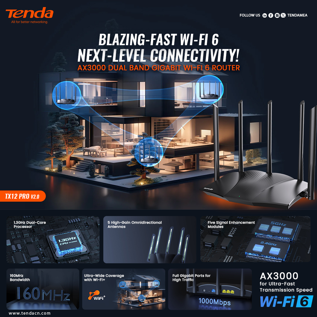 TendaMea's tweet image. 🚀 Upgrade to Next-Gen Speed with the AX3000 Wi-Fi 6 Router! 📶

Say goodbye to buffering and lag!

#AX3000 #WiFi6 #NextGenSpeed #StayConnected #GigabitWiFi #SeamlessStreaming #TendaMEA #Tenda #NetworkingSolutions