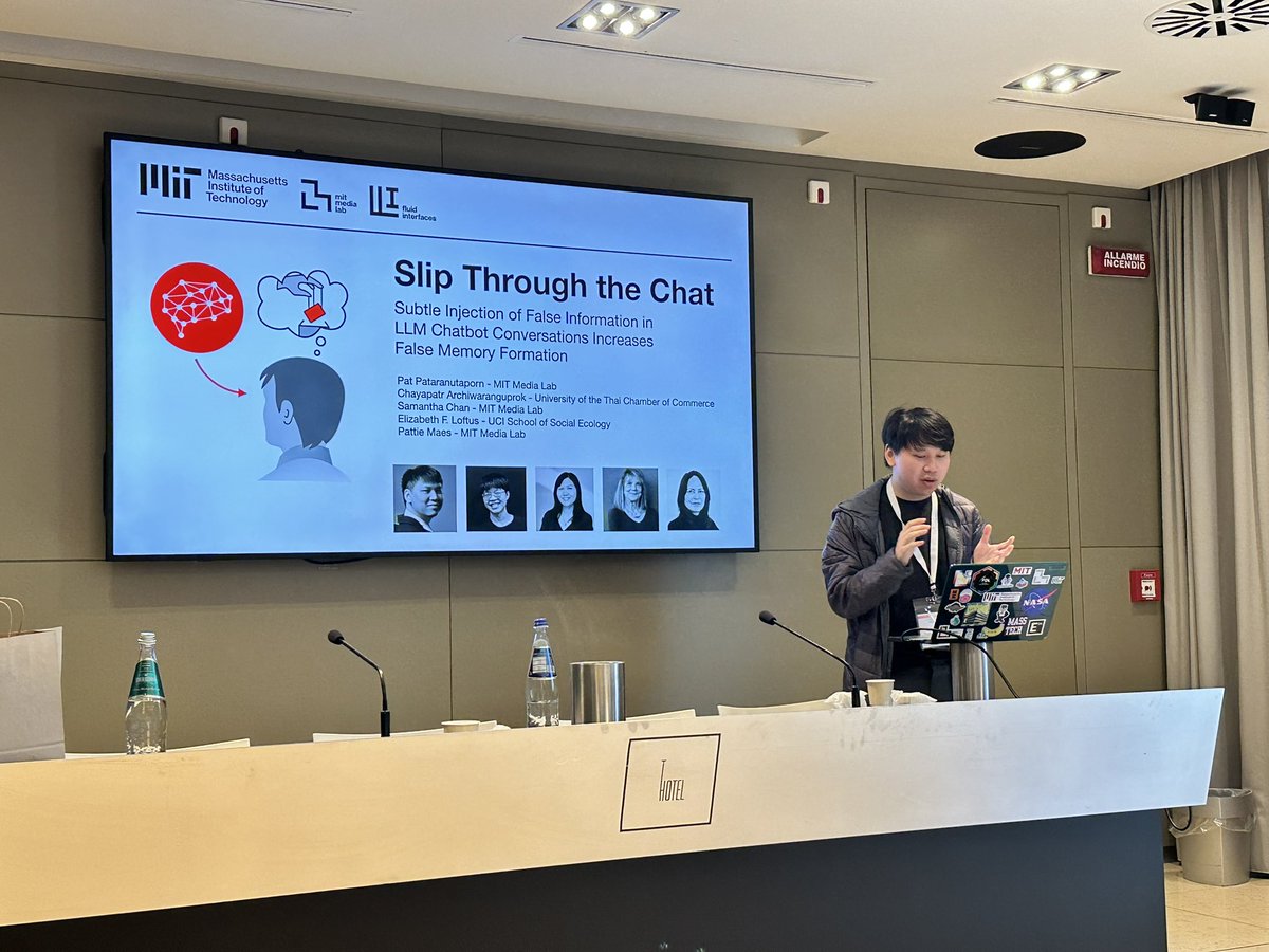 albrechtschmidt's tweet image. Pat Pataranutaporn giving interesting insights into false memory creation in humans through malicious (or faulty) LLMs and chatbots. Great work to better understand how LLMs can “brainwash” people (by accident or deliberately). Great presentation… @patpat_mit @PattieMaes