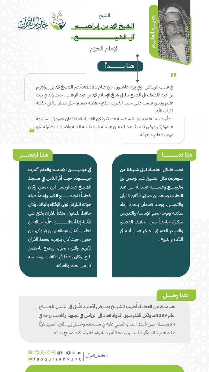 فضيلة الشيخ محمد بن إبراهيم آل الشيخ الذي سعى في ميادين التعليم لخدمة القرآن، أضاء آفاق العلم والمعرفة بعبق القرآن والحكمة.. 

#خادم_القرآن
 #سير_خادمي_القرآن
