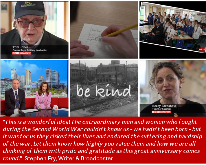 Wonderful <a href="/BBCBreakfast/">BBC Breakfast</a> report on VE Mail this morning with the incredible Bombardier Tom Jones, aged 103! Sign up (for free) to connect your school/youth organisation with a WW2 Veteran to share their story for VEDay80
together.org.uk/vemail
