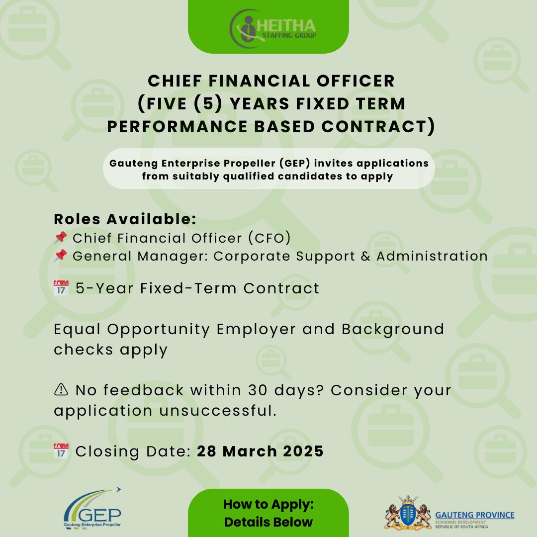 GEP is hiring! 
Know someone perfect? Tag them! 👇
Apply: gep.co.za
 Deadline: 28 March 2025
🔎Only shortlisted candidates will be contacted.
*Heitha is not recruiting for this role, just sharing GEP's opportunity

#HeithaStaffingGroup #LetsGetSAWorking #NowHiring