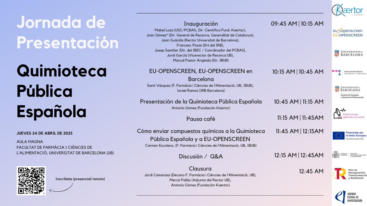 🚀 Join us for the Presentation of the Quimioteca Pública Española! 🧪 

A unique initiative to add value to chemical compounds from universities &amp; research centers across Spain, enabling their evaluation in biological assays for drug discovery. Don't miss it!  #DrugDiscovery