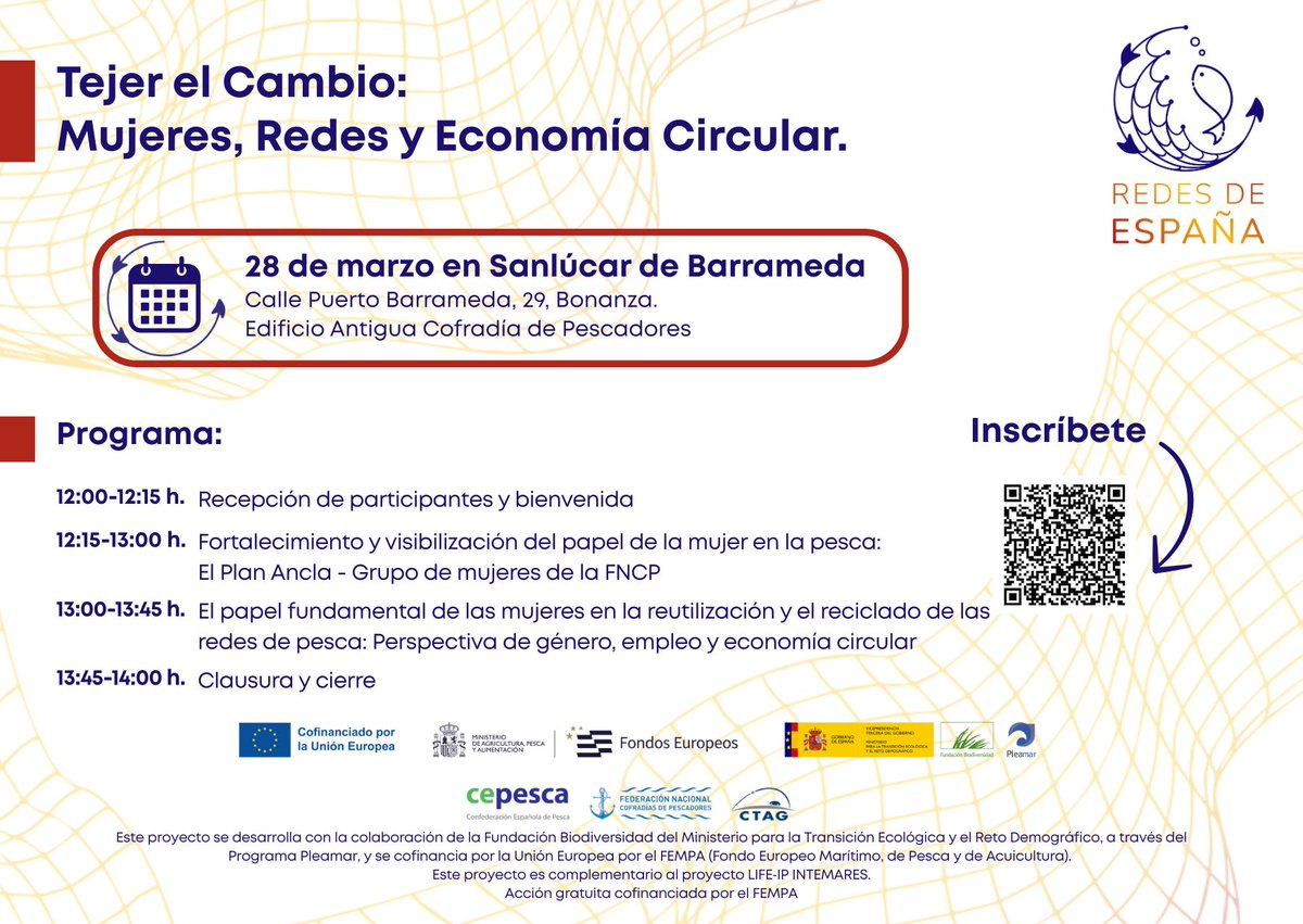 🎣 REDERAS: las mujeres que están cambiando la forma de cuidar el mar
🧵 Vente al taller "Tejer el Cambio"
📍 28 de marzo · Sanlúcar de Barrameda
♻️ Mujeres, sostenibilidad y redes con futuro
🔗bit.ly/3Xx1RA9

<a href="/FBiodiversidad/">Fundación Biodiversidad</a> #FEMPA  #FondosEuropeosenEspaña #Pleamar
