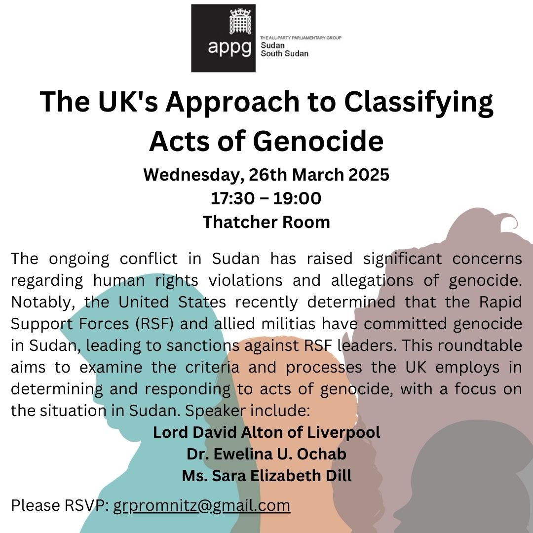 IBA's Human Rights Institute (@ibahri) on Twitter photo EVENT: 26 March 2025, 1730–1900, <a href="/UKParliament/">UK Parliament</a> -Join the APPG on #Sudan & #SouthSudan for a roundtable on the UK's #genocide response, with a focus on #HumanRights in Sudan. Speakers incl. IBAHRI's Dr <a href="/EwelinaUO/">Dr Ewelina U. Ochab</a>, <a href="/IBAnews/">IBA News</a> <a href="/_SEDill/">Sara Elizabeth Dill</a> and <a href="/DavidAltonHL/">Lord (David) Alton</a>.
Contact: grpromnitz@gmail.com EVENT: 26 March 2025, 1730–1900, <a href="/UKParliament/">UK Parliament</a> -Join the APPG on #Sudan & #SouthSudan for a roundtable on the UK's #genocide response, with a focus on #HumanRights in Sudan. Speakers incl. IBAHRI's Dr <a href="/EwelinaUO/">Dr Ewelina U. Ochab</a>, <a href="/IBAnews/">IBA News</a> <a href="/_SEDill/">Sara Elizabeth Dill</a> and <a href="/DavidAltonHL/">Lord (David) Alton</a>.
Contact: grpromnitz@gmail.com