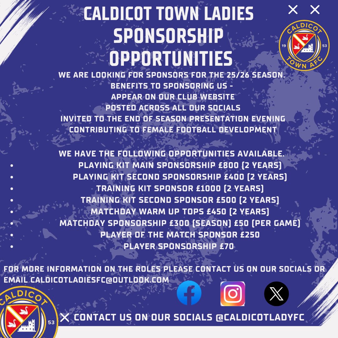 🚨Sponsorship Opportunities 🚨 

We are looking for sponsors for the 25/26 season. Sponsors will be:
- Posted across our socials
- Advertised on the Club Website
- Invite to our end of season awards
- Support growth of Womens Football in Wales 

Please get in touch #UppaTown 🔵