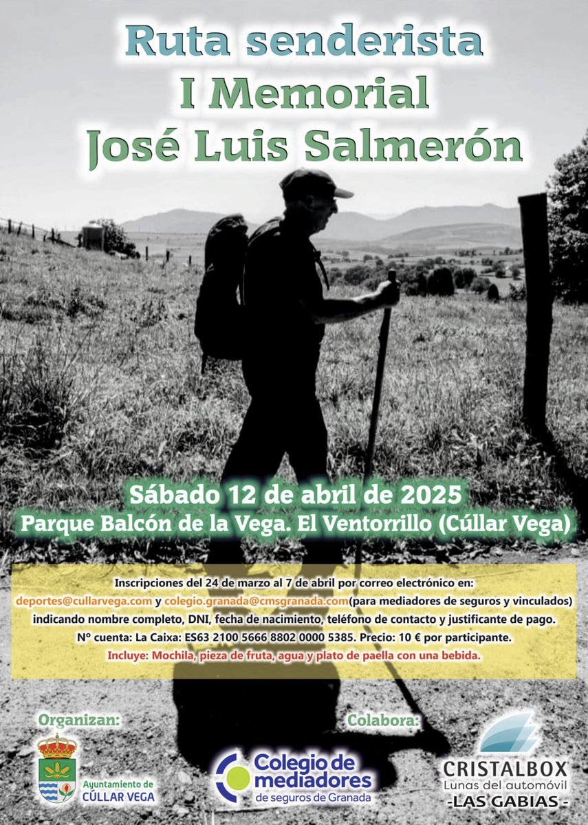 Mediador Seguros GR (@mediadorgranada) on Twitter photo El <a href="/MediadorGranada/">Mediador Seguros GR</a> y el Ayuntamiento de Cúllar Vega organizamos el 12 de abril, la Ruta Senderista I Memorial José Luis Salmerón. Será una jornada muy especial. Inscripción obligatoria hasta el 7 de abril o hasta completar aforo. Para inscripción 👉🏻 forms.gle/8gjWTEbp6Kau5c… El <a href="/MediadorGranada/">Mediador Seguros GR</a> y el Ayuntamiento de Cúllar Vega organizamos el 12 de abril, la Ruta Senderista I Memorial José Luis Salmerón. Será una jornada muy especial. Inscripción obligatoria hasta el 7 de abril o hasta completar aforo. Para inscripción 👉🏻 forms.gle/8gjWTEbp6Kau5c…