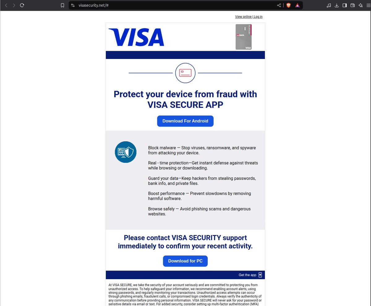 alberto__segura's tweet image. #Spynote campaign using fake VISA app
Distribution: https://visasecurity[.]net/

C2: 172.86.93.104:7771
hash: 6b1179c23a7502b4dea7f9bde7dde3d4b5b97c64f634ff3471a1d3d27390f3b1
(The PC download button does nothing)