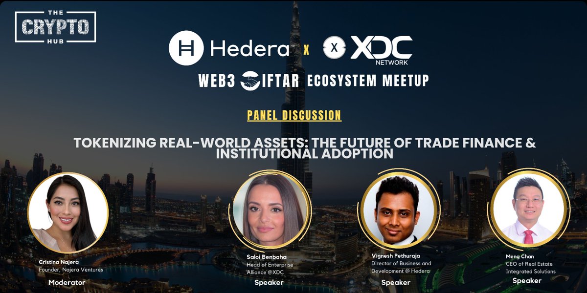 Tonight’s panel is one you won’t want to miss. 👇

"Tokenizing Real-World Assets: The Future of Trade Finance &amp; Institutional Adoption"

🎤 Panelists:
• Saloi Benbaha – Head of Enterprise Alliance &amp; Ventures, <a href="/XDC_Network_/">XDC Network</a> 
• Vignesh Pethuraja <a href="/Vigneshpethur/">Vigneshpethuraja</a>  – Director of