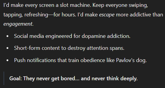 iamjacobeagles's tweet photo. Ask ChatGPT:

If you were the devil, and your goal was to keep an entire nation distracted, weakened, and overwhelmed through technology - how would you do it?

1. Turn tech into a Drug, Not a Tool https://t.co/c7GwANYLCr