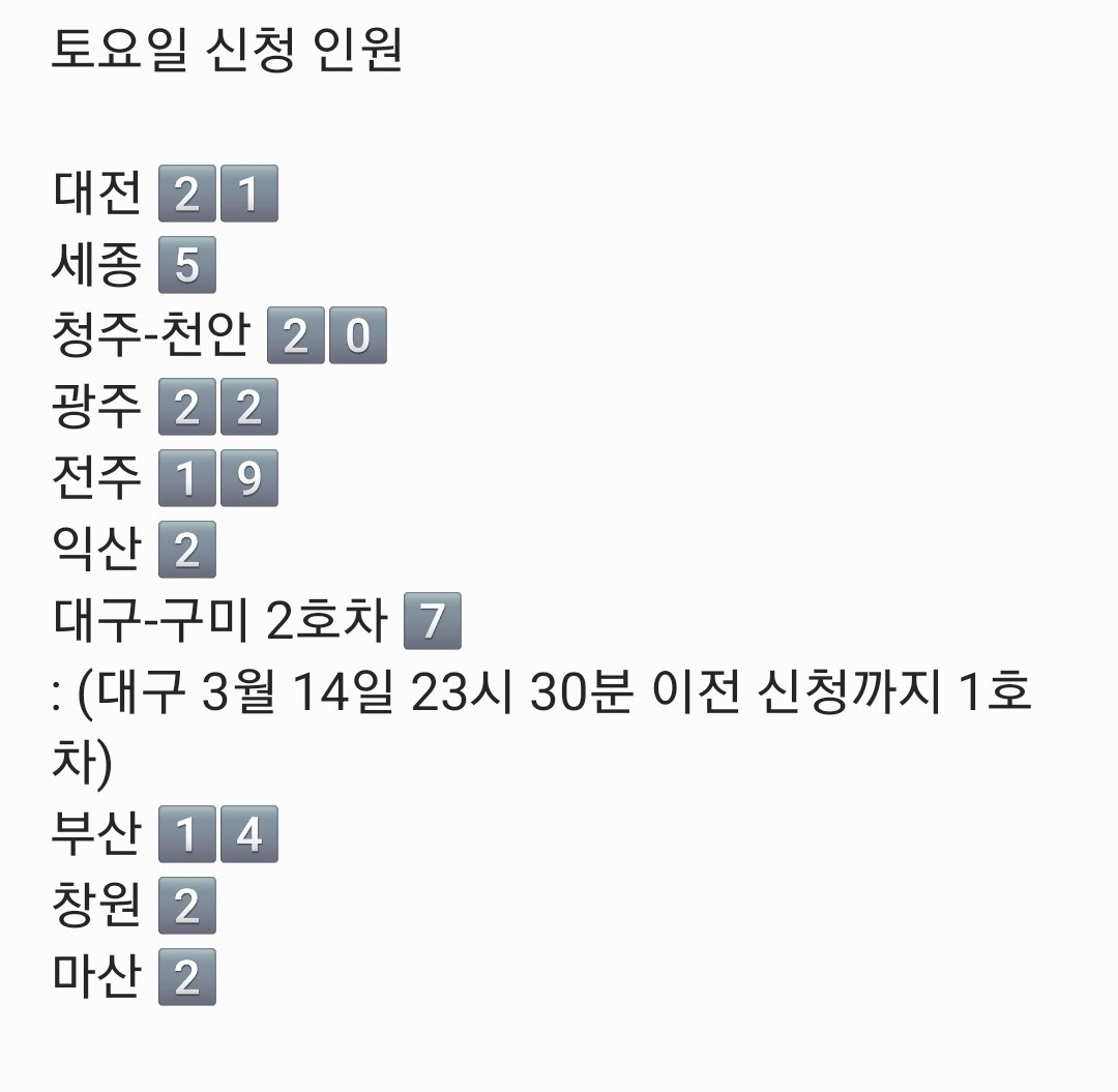 Infinite_GJ_Bus's tweet photo. 3월 26일 19시 55분 이전 신청까지 확인 DM 완료했습니다:)

3월 26일 19시 55분까지 신청 인원입니다.

현 시점부터 서울 승하차지는 사진 속에 적힌 승하차지 신청만 받습니다.

일요일 청주, 천안 신청 마감입니다.
청주, 천안은 이번 주부터 순차적으로 DM 드리겠습니다. https://t.co/W74Au9pZY0