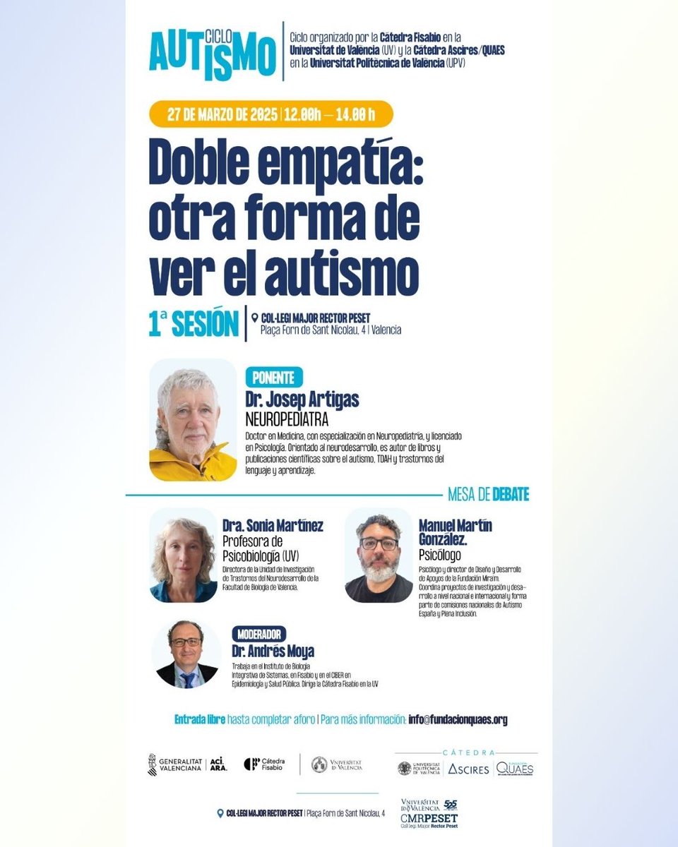 Jueves 27 marzo, participamos en el Foro sobre Autismo, organizado por la Cátedra FISABIO d la <a href="/UV_EG/">Universitat València</a> con Josep Artigas como ponente principal, q abordará el concepto de Doble Empatía, una perspectiva clave para comprender mejor la comunicación y las interacciones en el #autismo