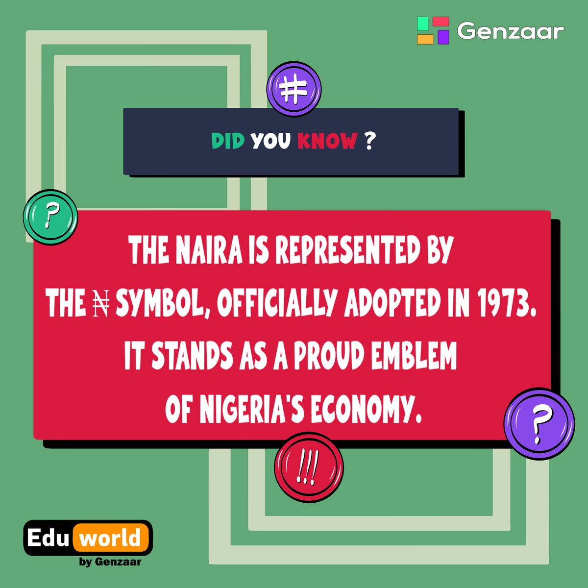 Genzaarapp's tweet image. Did You Know? The ₦ symbol has proudly represented Nigeria’s economy since 1973! 🇳🇬

Understanding money starts with the basics! Get simple, fun finance tips with Eduworld. Join the waitlist today! 
🔗 genzaar.app/eduworld

#Finance #FinancialFreedom #Genzaar
