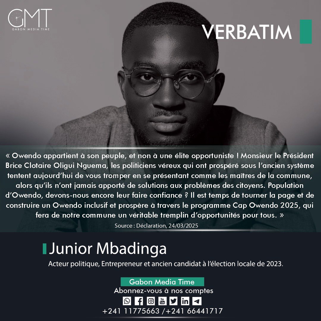 [#Verbatim] Junior Mbadinga : « Il est temps de construire un Owendo inclusif et prospère »

📱066441717 📞 011775663

𝐑𝐞𝐣𝐨𝐢𝐠𝐧𝐞𝐳 𝐧𝐨𝐭𝐫𝐞 𝐜𝐡𝐚𝐢̂𝐧𝐞 𝐖𝐡𝐚𝐭𝐬𝐀𝐩𝐩 : 

🔗 lc.cx/9dgPhl

#GMT
#Gabon
