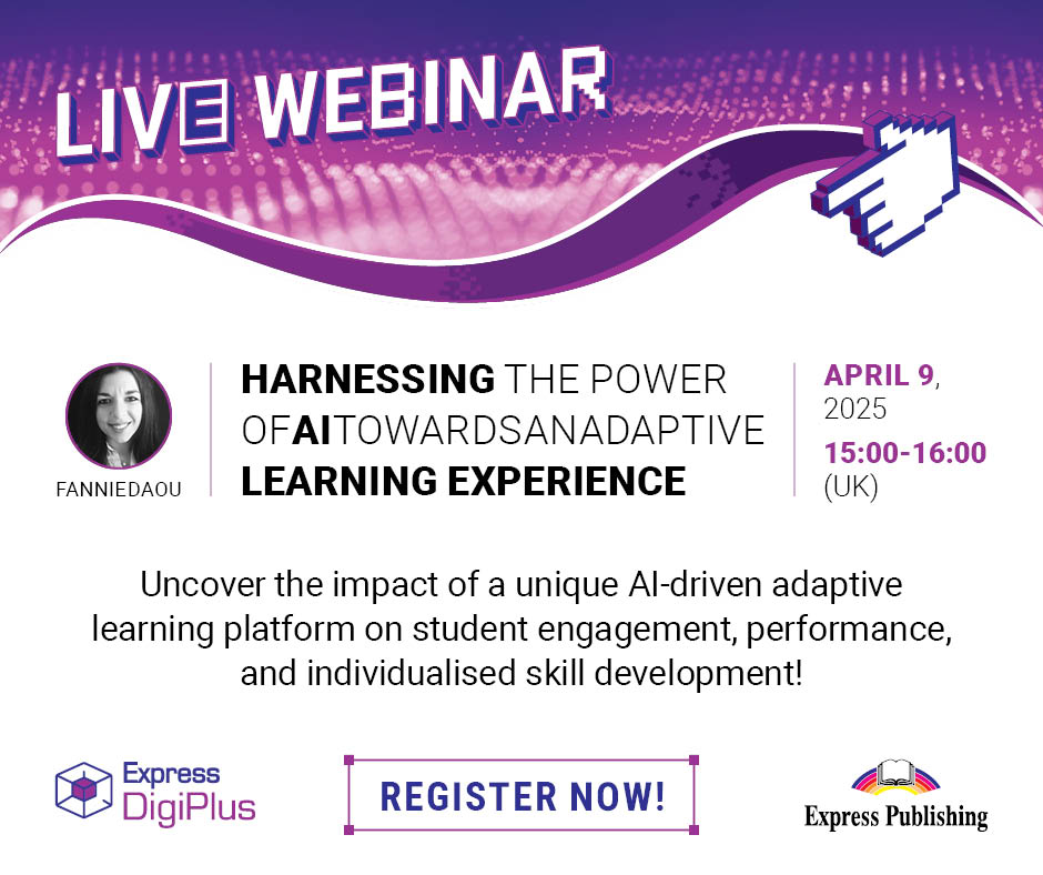 📣 Join us for a webinar on the transformative world of adaptive learning, guided by the expertise of Fannie Daou!
🔗 Register to receive the access link: forms.gle/YxVc4eGEYJGM35…
#DigiPlus #Webinar #EdTech #AdaptiveLearning #ELT #Education #AIinEducation #ExpressPublishing