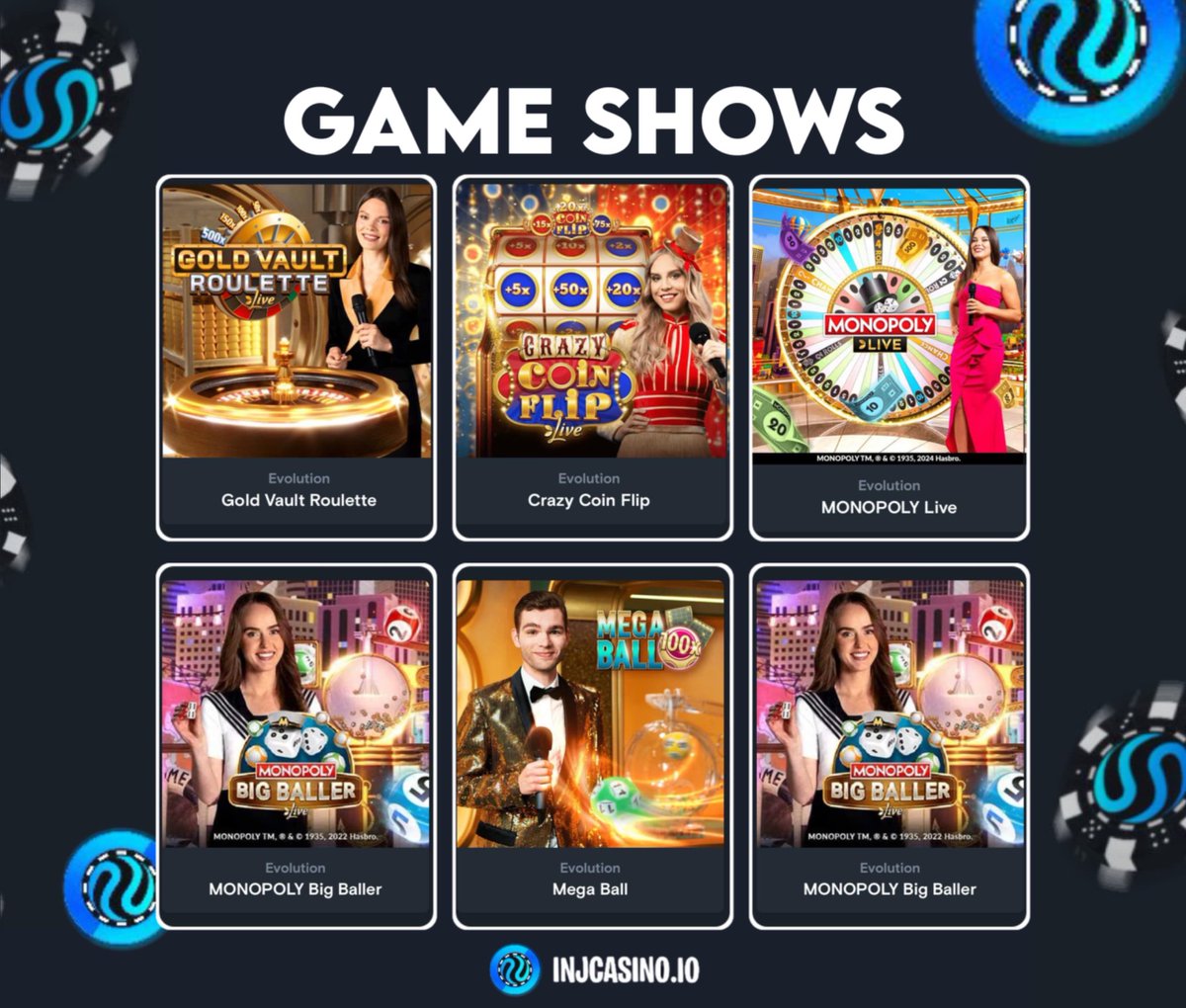 injcasino's tweet image. What GAME SHOWS are you playing today?🤔

Play only at injcasino.io  and get up to 360% bonus when you deposit ✅

💙 and 🔄, giving $200 usdo to one random interaction