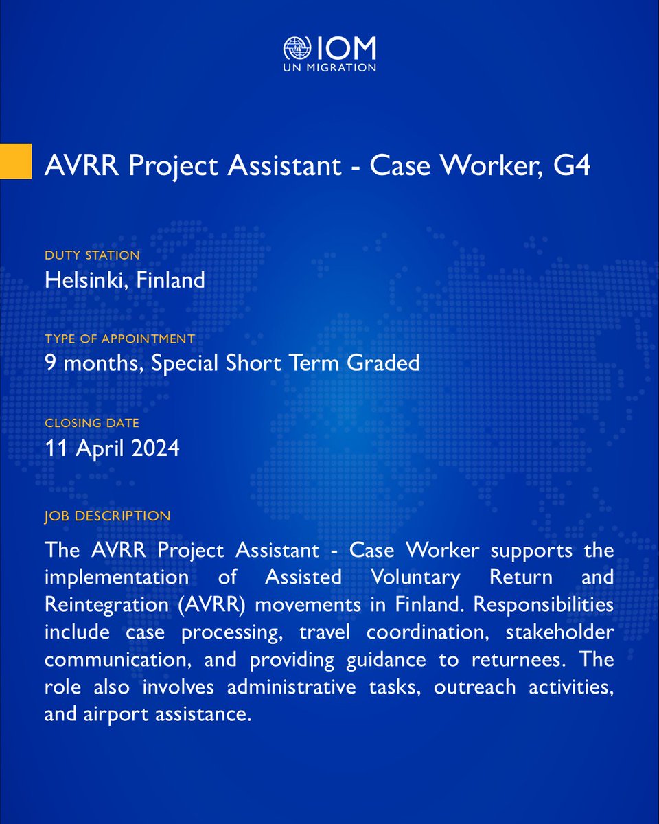 Are you passionate about supporting migrant protection? Join our team in Helsinki! 📢 

➡ Project Associate - MPX 
📅 Apply by 10 April 2025: bit.ly/4hL2m0E

➡ AVRR Project Assistant - Case Worker 
📅 Apply by 11 April 2025: bit.ly/4hL4uVW

#UNcareers #UNjobs