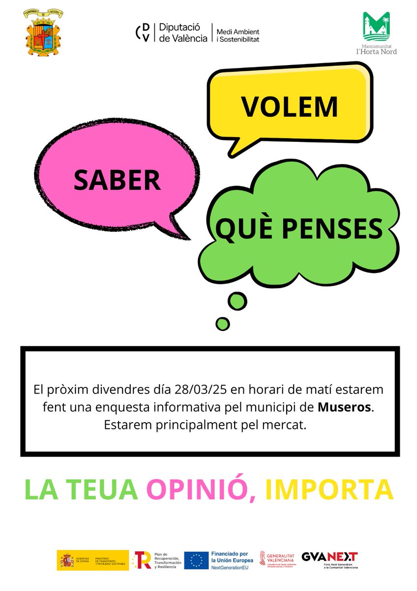 🟢 Divendres, 28 de març, l'equip d'Educació Ambiental de la Mancomunitat l'Horta Nord estarà al matí al nostre municipi fent una enquesta informativa sobre medi ambient.

📍 Estaran principalment per la zona del mercat.