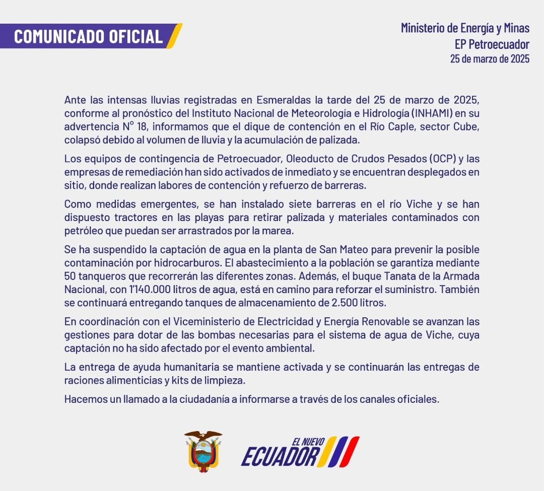 higuerahernan's tweet image. Debido a las intensas lluvias, colapsó un dique de contención en el río #Caple provocando riesgo de contaminación
@EPPetroecuador y otras entidades activaron equipos de contingencia.
Se garantiza el abastecimiento de agua con tanqueros y apoyo de la Armada ⬇️
#Esmeraldas