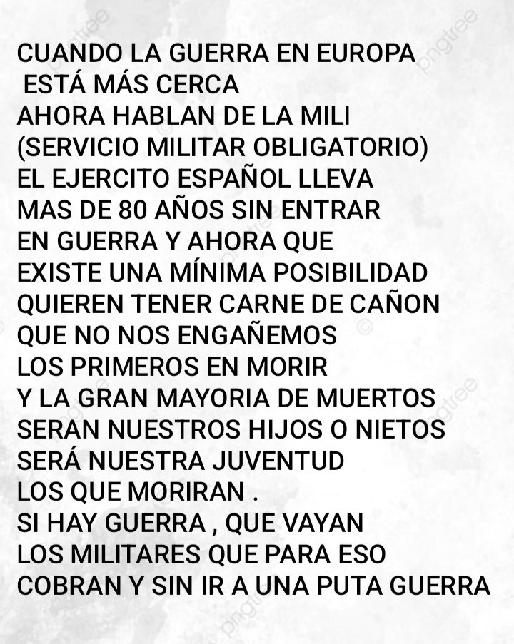 David | |★| | 🇺🇦 (@9davidgrau) on Twitter photo <a href="/ABalagu/">ANNA ||⭐||</a> L'exèrcit espanyol ,
que si tenim en compte
el paper galdós que
va jugar en el cop d'estat
contra la República espanyola i fa més de 80 anys que cobren sense fotre ni brot ... i ara què comencen a veure les orelles al llop (GUERRA) parlen
de la MILI per tenir CARN DE CANÓ <a href="/ABalagu/">ANNA ||⭐||</a> L'exèrcit espanyol ,
que si tenim en compte
el paper galdós que
va jugar en el cop d'estat
contra la República espanyola i fa més de 80 anys que cobren sense fotre ni brot ... i ara què comencen a veure les orelles al llop (GUERRA) parlen
de la MILI per tenir CARN DE CANÓ
