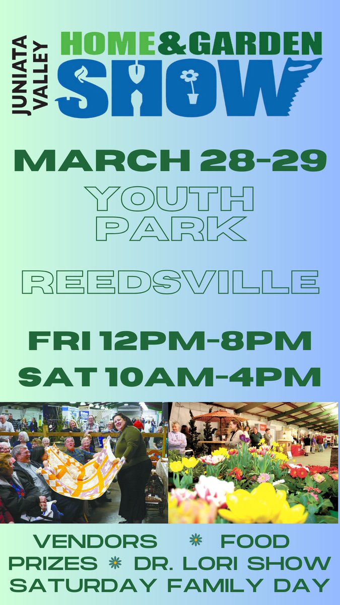 Mifflin County Home and Garden Show opens Friday, including an appearance by <a href="/DrLoriV/">Dr. Lori</a> on Friday and Family Day on Saturday: facebook.com/share/14zQfJU9…