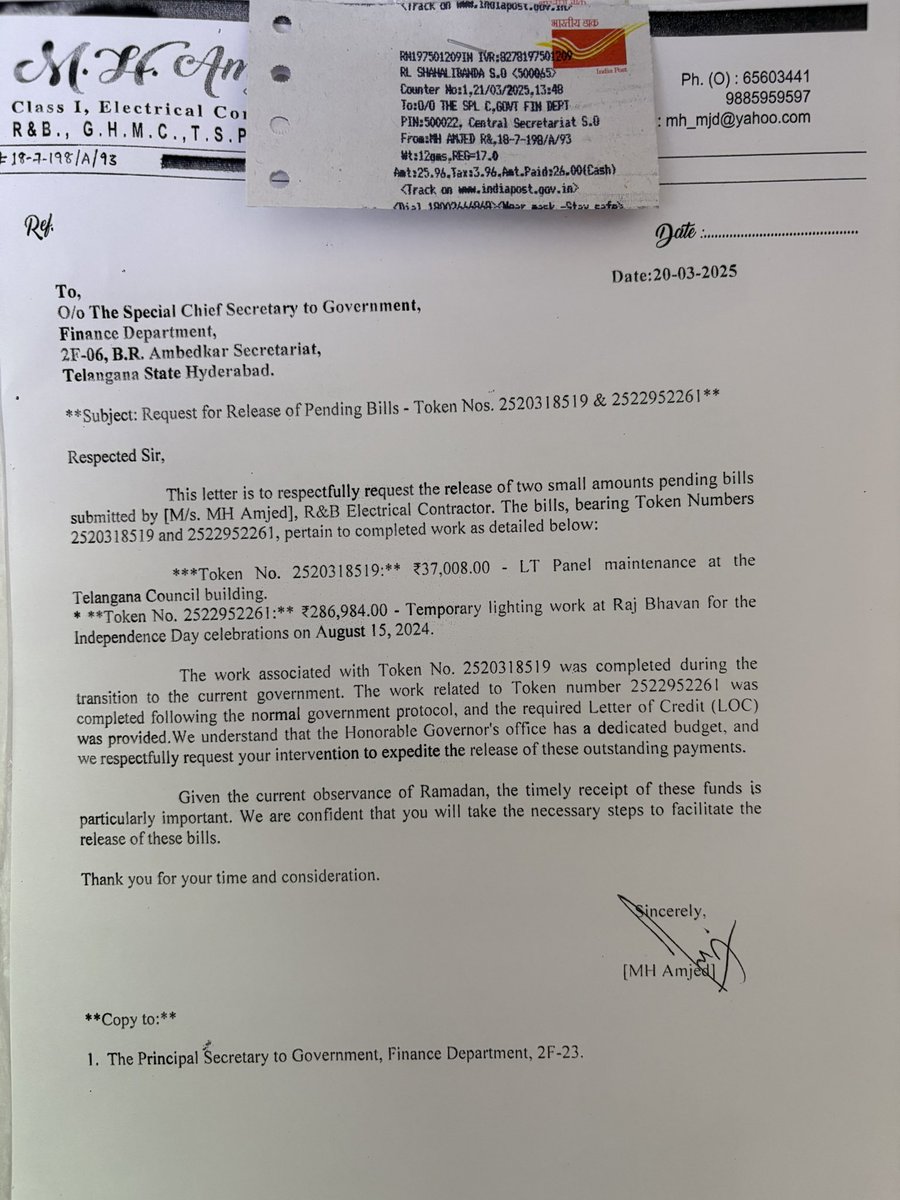 MHAMJAD59's tweet photo. I Request 
@TelanganaCS @PrlsecyMAUD @KomatireddyKVR posted letters for bills to release Token No.2520318519 &amp; 2522952261 kindly take necessary action as i requested many times. https://t.co/qHRK19kUyK
