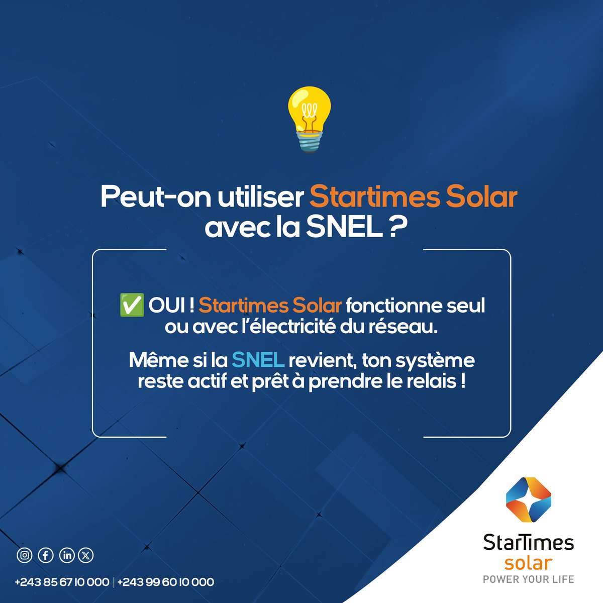 Que le courant soit là ou non, Startimes Solar assure l’énergie dont tu as besoin ! 
Un système intelligent qui fonctionne en toute autonomie ou en complément du réseau électrique.

Ne reste plus jamais dans le noir !

#StarTimesSolar #PowerYourLife #EnergieSolaire