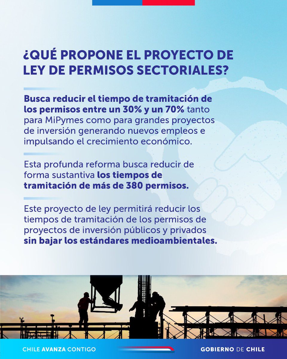 ¡Avanza el proyecto de ley de Permisos Sectoriales! 

La Comisión de Economía del Senado aprobó el proyecto de ley que busca reducir el tiempo de tramitación de los proyectos de inversión públicos y privados. 

📍 Ahora el proyecto continúa su tramitación en la Comisión de