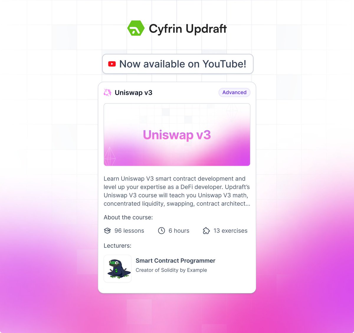 CyfrinUpdraft's tweet image. Your journey in DeFi development continues 📚

Updraft’s @Uniswap V3 course is now live on YouTube 🌟🚀

Go deep with @ProgrammerSmart to start building Uniswap based protocols, with:
- 7 hours video
- 96 individual lessons
- 13 exercises

And more! 👇