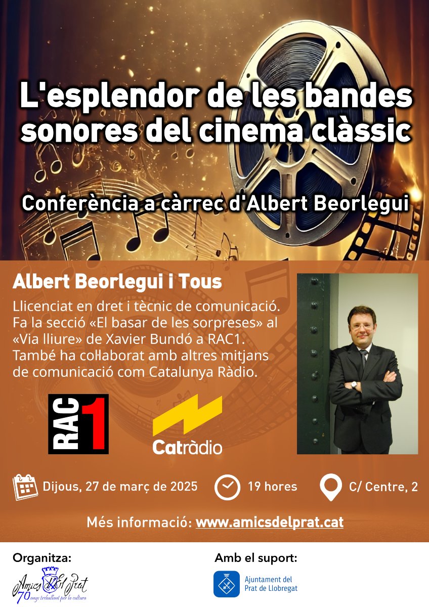 🎬 Torna la màgia del cinema clàssic!

Aquest dijous 27 de març, a les 19 h, no et perdis la conferència “L’esplendor de les bandes sonores del cinema clàssic” a Amics d’El Prat.

📢 Amb Albert Beorlegui, expert en cinema i col·laborador habitual a RAC1 i Catalunya Ràdio.