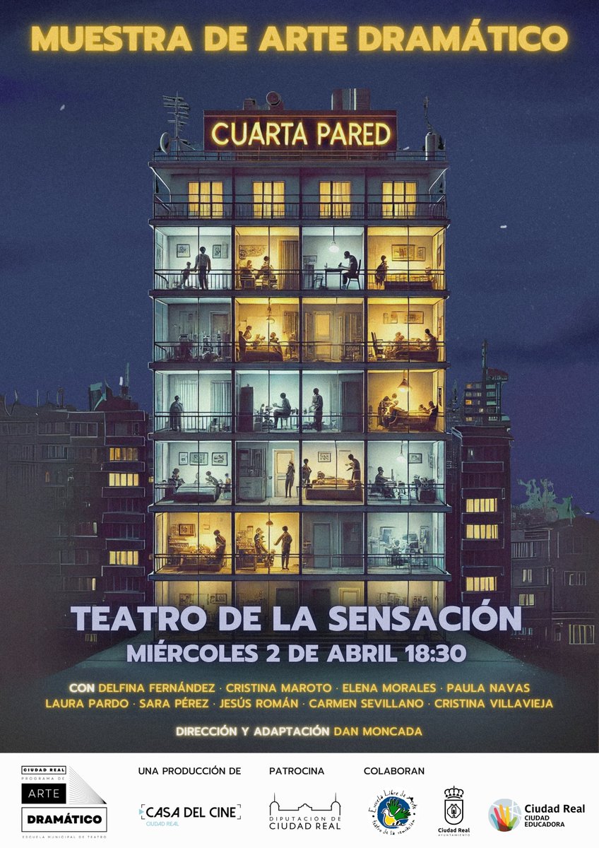 MUESTRA DE ARTE DRAMÁTICO 
🗓2 abril
⏰18:30
🗺Teatro de La Sensación (C/ Monjas 1)
🎟Entrada gratuita hasta completar aforo
🔹Patrocina <a href="/DiputacionCR/">Diputación de C.Real</a>
🔸Colabora Teatro de La Sensación y <a href="/AYTO_CIUDADREAL/">AYTO_CIUDAD REAL</a>
📌 casadelcine.com/muestra-artedr…
#AlumnosEMADCR #EMADCR #CasaDelCineCR <a href="/wikiCR/">wikiCR Ciudad Real</a>