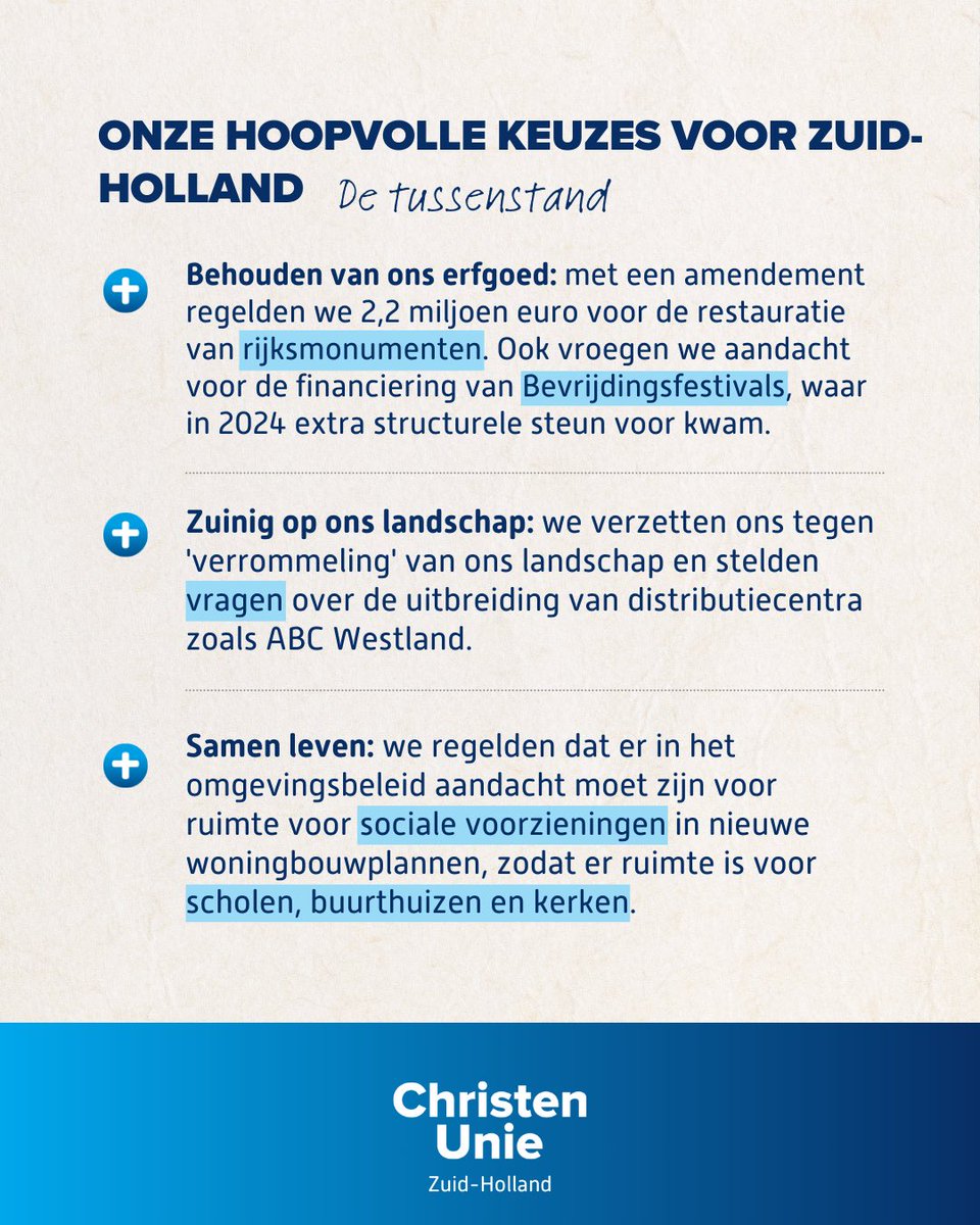 Tenslotte hebben we ook veel bereikt op het gebied van cultuur en erfgoed. We waken voor de schaarse ruimte in Zuid-Holland en zetten ons in voor het bouwen van gemeenschappen, waarbij sociale voorzieningen niet uit het oog moeten raken. (3/3)